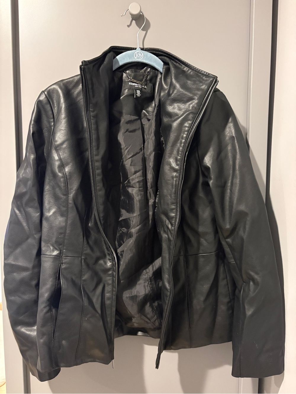 Kenneth Cole Black Faux Leather Zip-Front Bomber Jacket